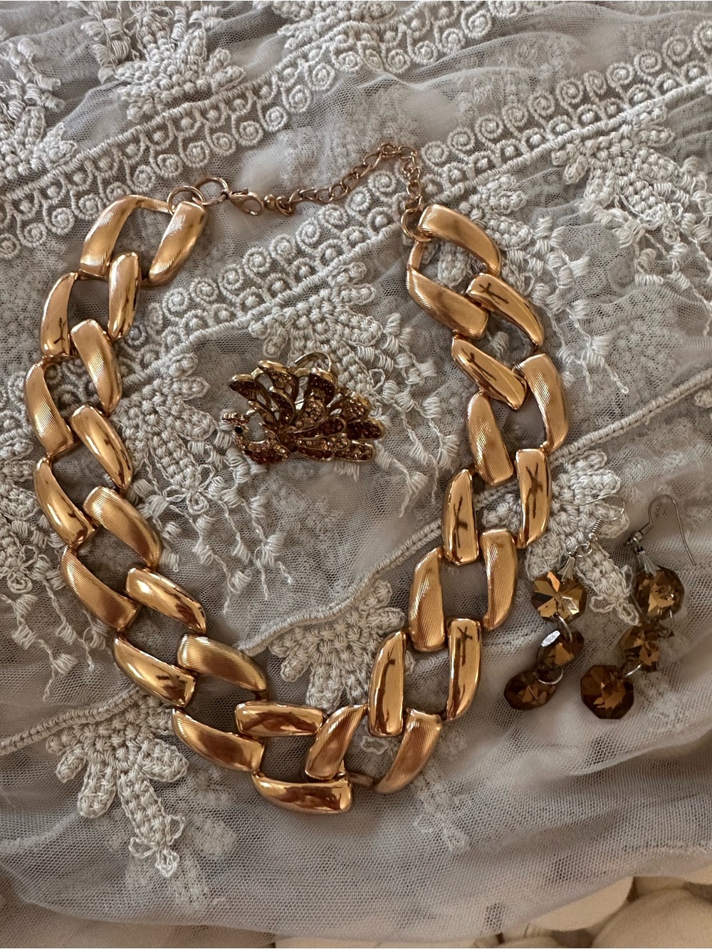 Gold-tone Drop Chandelier Earrings, Peacock Novelty Ring, and Necklace Set